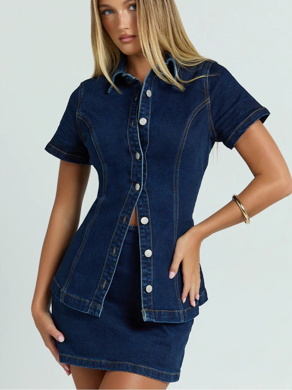 FANCYD Denim Short-Sleeve Button-Front Top - Dark Blue